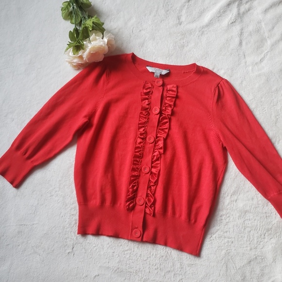 Women's Red Ruffled Cardigan - Picture 3 of 6